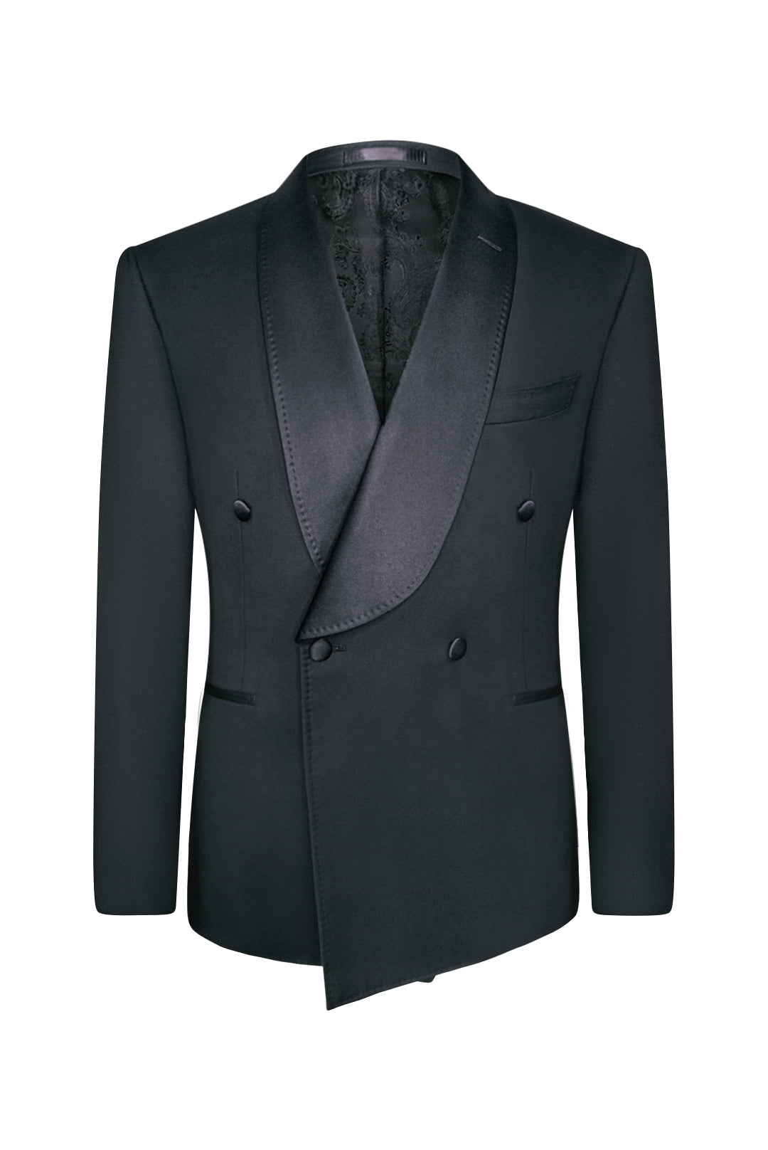 Midnight Black Slim Fit Double-Breasted Shawl Tuxedo Jacket (Satin