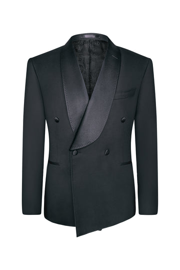 Midnight Black Slim Fit Double-Breasted Shawl Tuxedo Jacket (Satin Lapel)