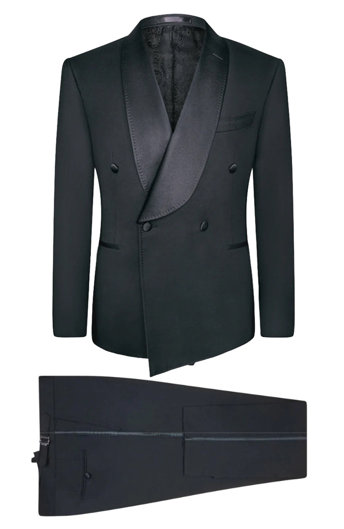 Midnight Black Slim Fit Double-Breasted Shawl Tuxedo Jacket (Satin Lapel)
