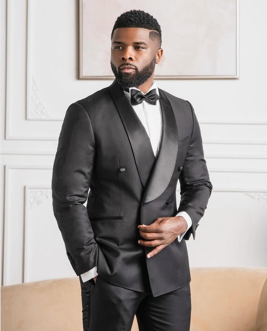 Midnight Black Slim Fit Double-Breasted Shawl Tuxedo Jacket (Satin Lapel)