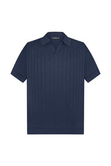 Silk & Cotton Blend Ribbed Polo Shirt (Navy Blue)