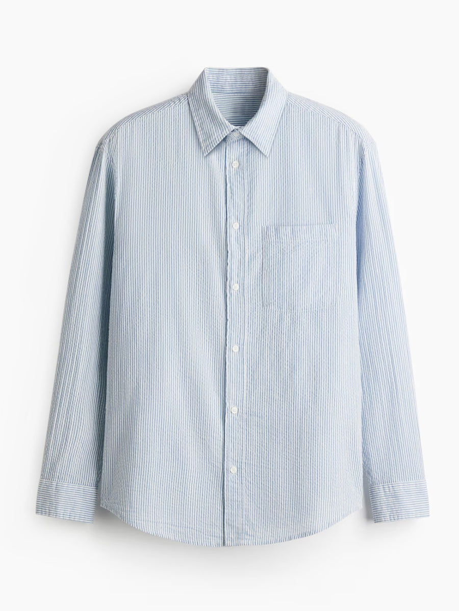 Oversized Fit Seersucker Shirt - 100% Italian Virgin Wool Blue/White Stripe