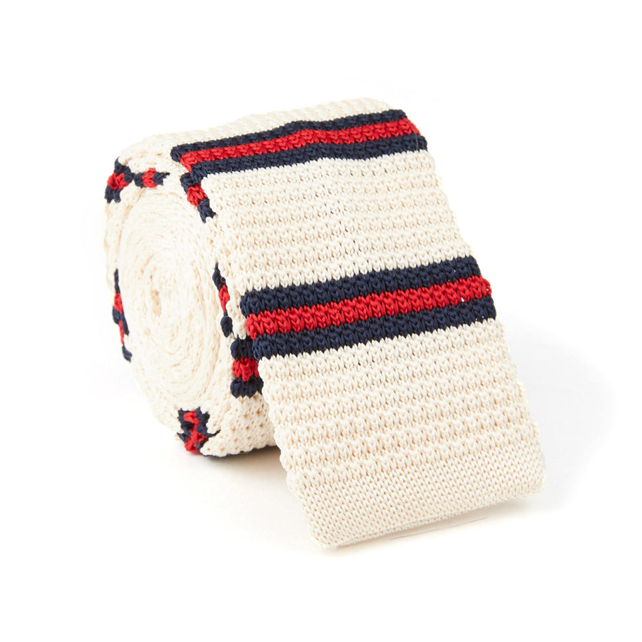 Knit Tie (off-white/navy & red stripes)